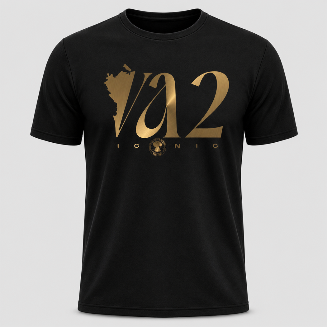 Black tee-shirt with gold VA2 Iconic wordmark logo