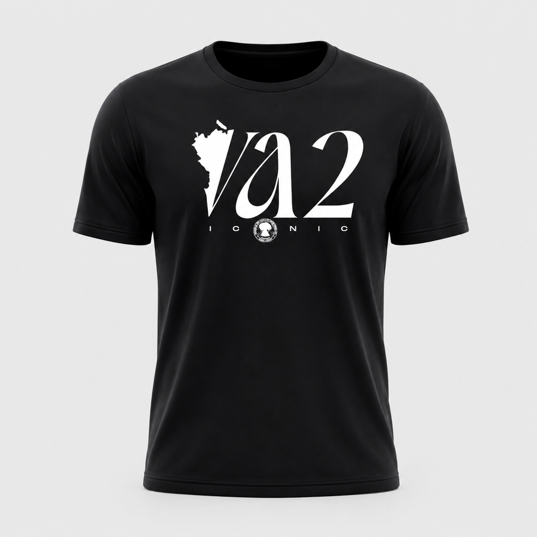 Black tee-shirt with white VA2 Iconic wordmark logo