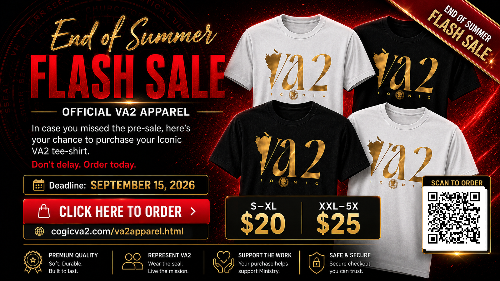 End of Summer Flash Sale for Official VA2 Apparel. Deadline September 15, 2026. Click here to order at cogicva2.com/va2apparel.html.