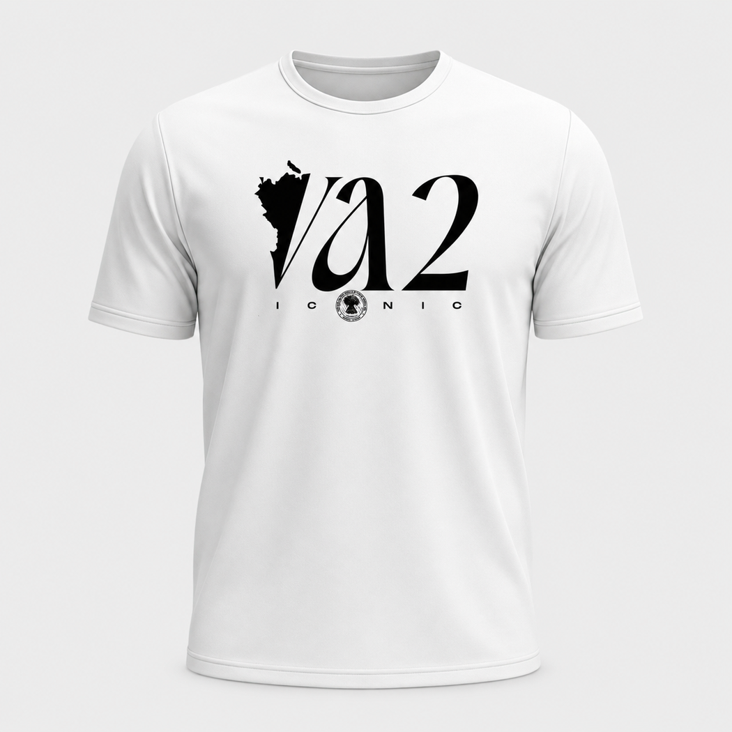 White tee-shirt with black VA2 Iconic wordmark logo