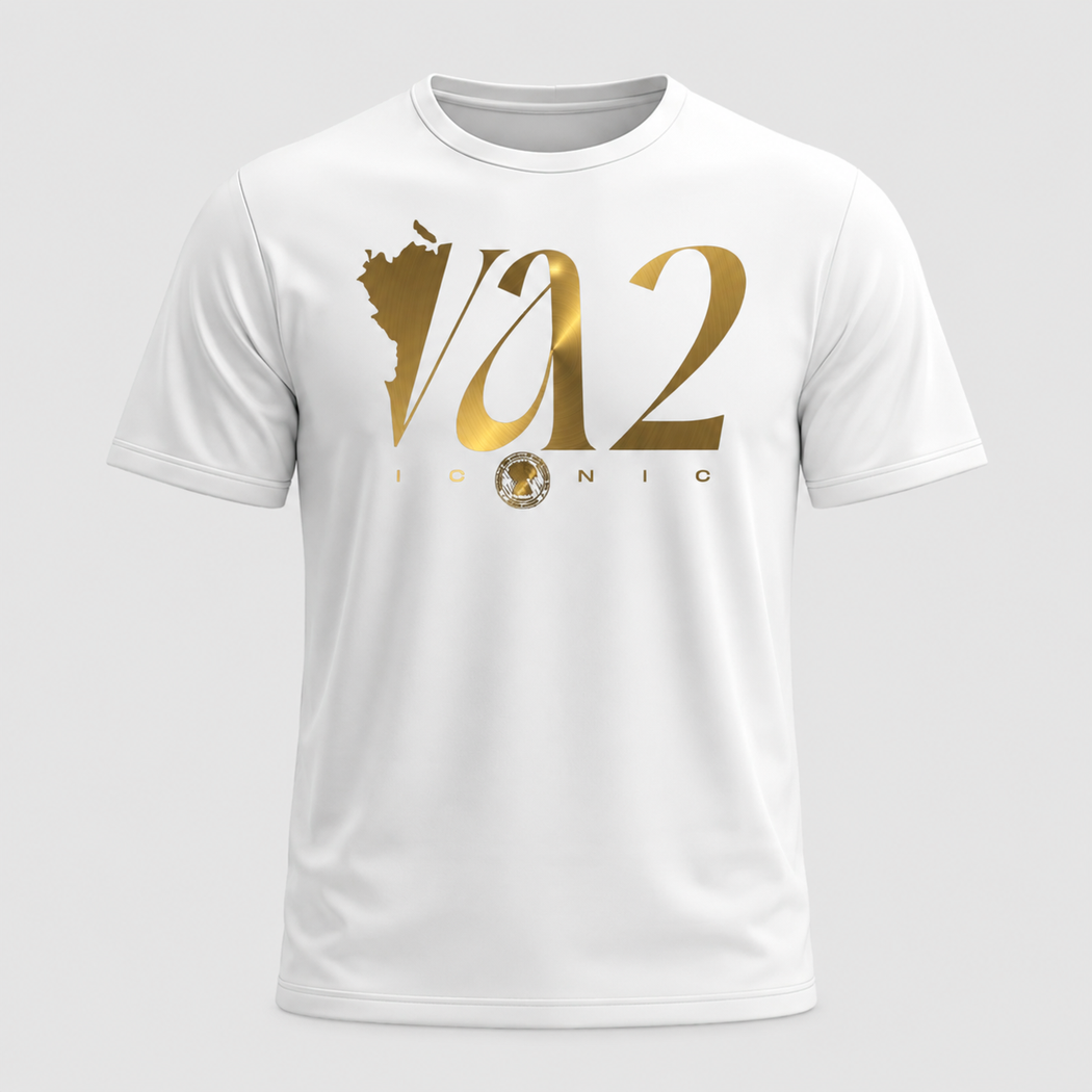 White tee-shirt with gold VA2 Iconic wordmark logo