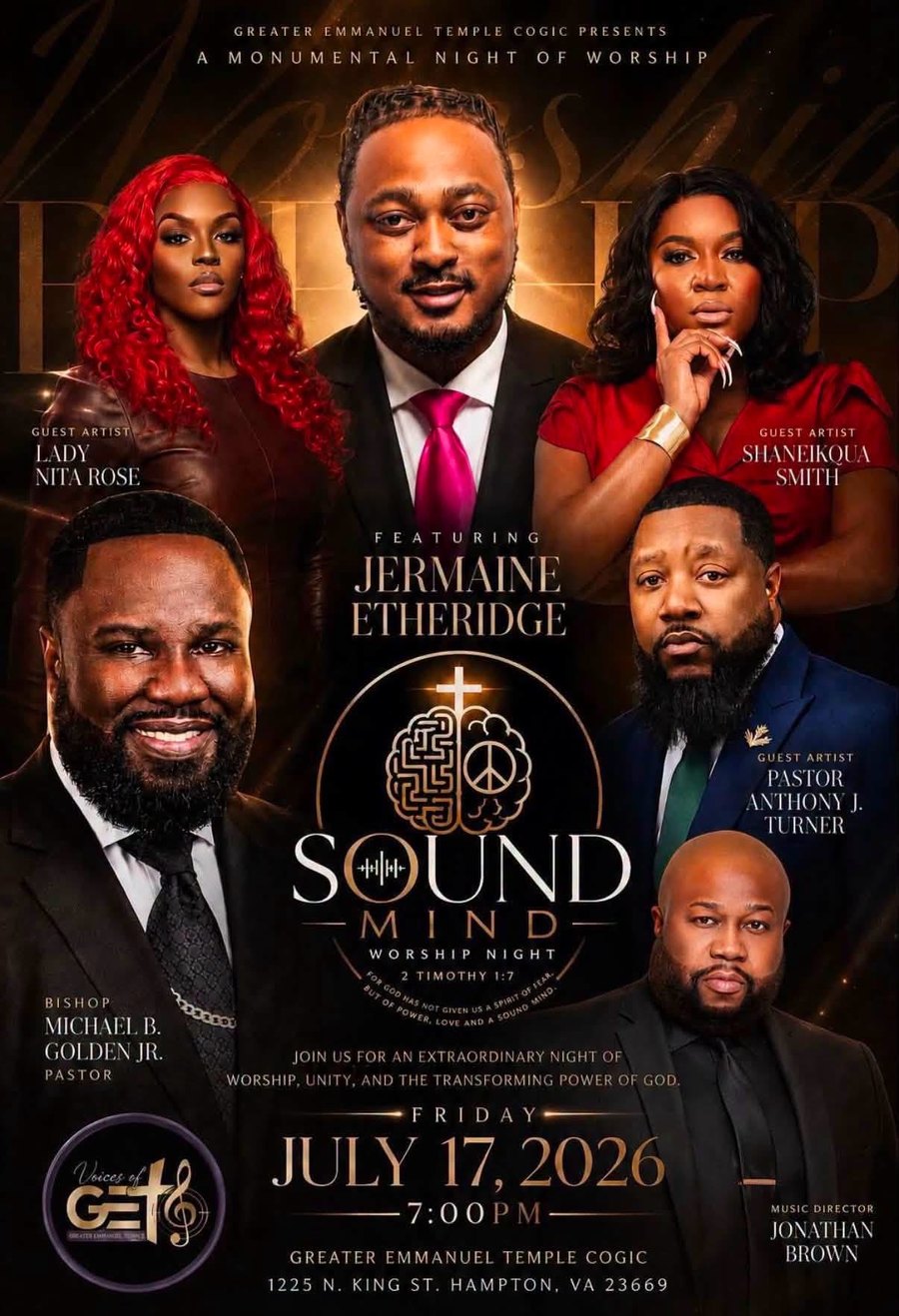 Sound Mind Worship Night flyer for July 17, 2026 at Greater Emmanuel Temple COGIC