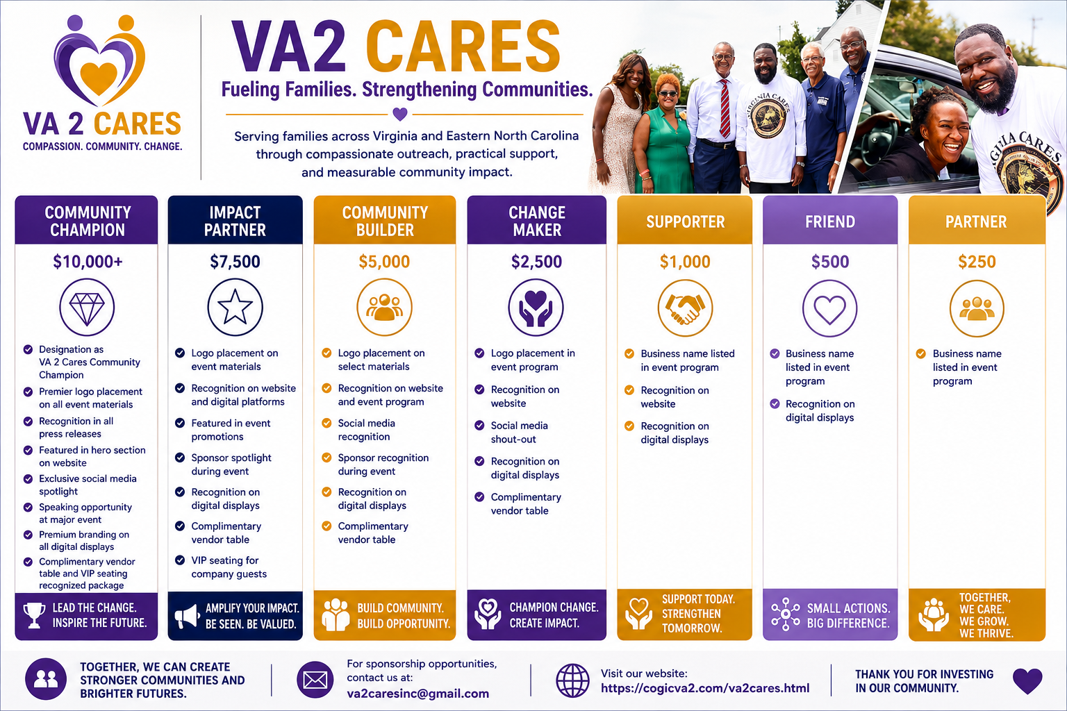VA2 Cares sponsorship flyer showing sponsorship levels and ways to support